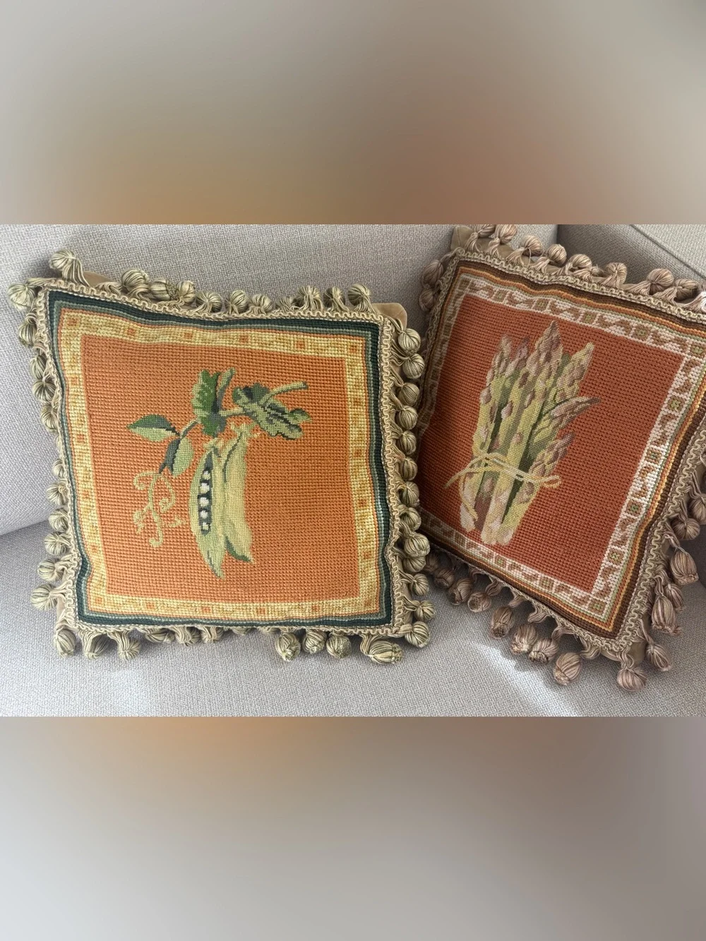 Pair Needlepoint Botanical Pillows Velvet Back Down Inserts with Tassel Trim